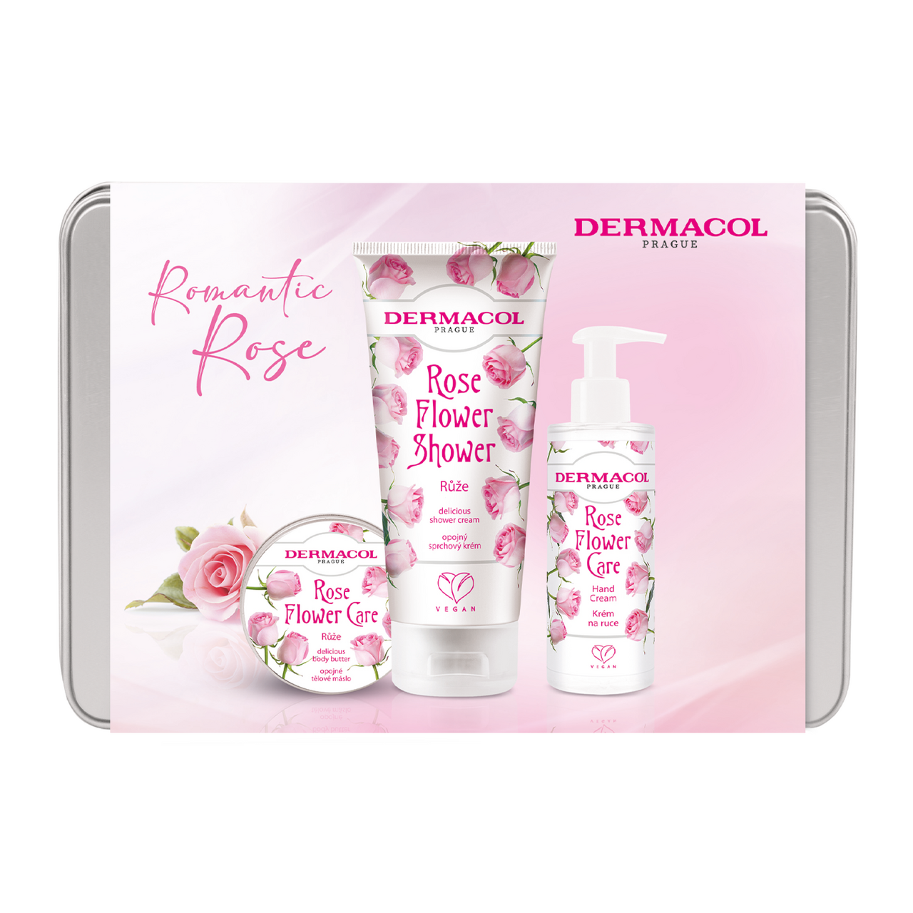 DERMACOL Rose Flower Care dárková sada (sprch. krém 200 ml + krém na ruce 30 ml + těl. máslo 75 ml)