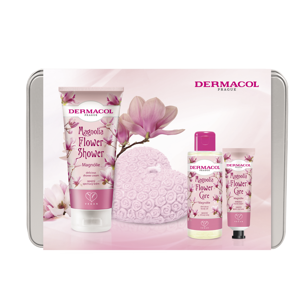 DERMACOL Flower Care dárková sada (sprch. krém 200 ml + krém na ruce 30 ml + těl. olej 100 ml + svíčka)