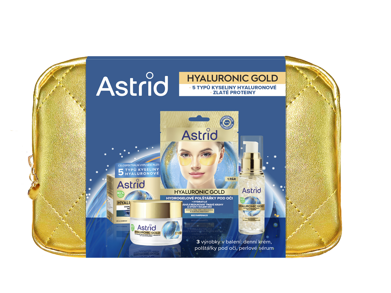 Astrid Hyaluronic Gold 3Pack dárková sada (d. krém 50 ml + oční sérum 30 ml + polštářky pod oči 1 ks)