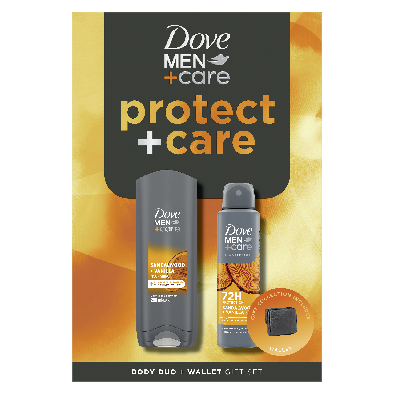 Dove MEN +Care Sandalwood dárková sada (deo 150 ml + SG 400 ml + peněženka)