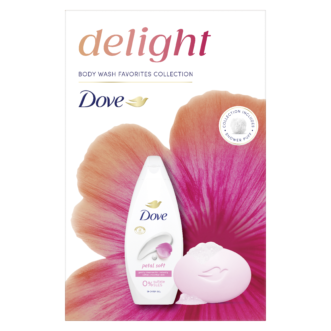 Dove Petal Soft dárková sada (SG 250 ml + mýdlo 90 g + mycí houba)