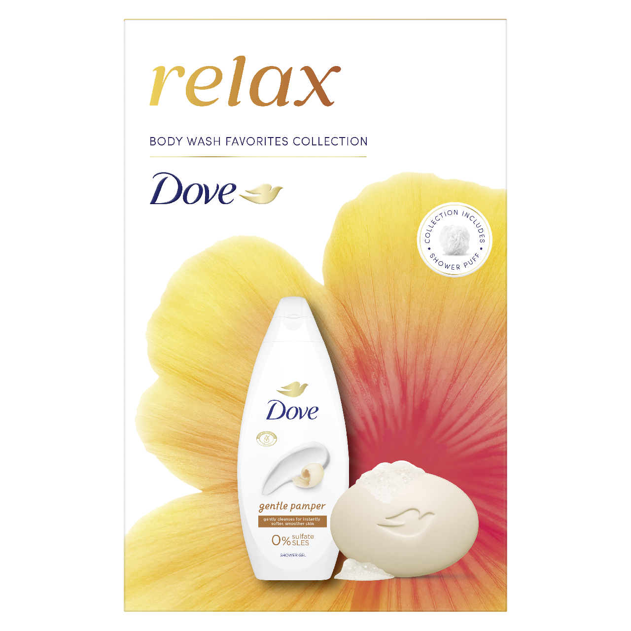 Dove Gentle Pamper dárková sada (SG 250 ml + mýdlo 90 g + mycí houba)