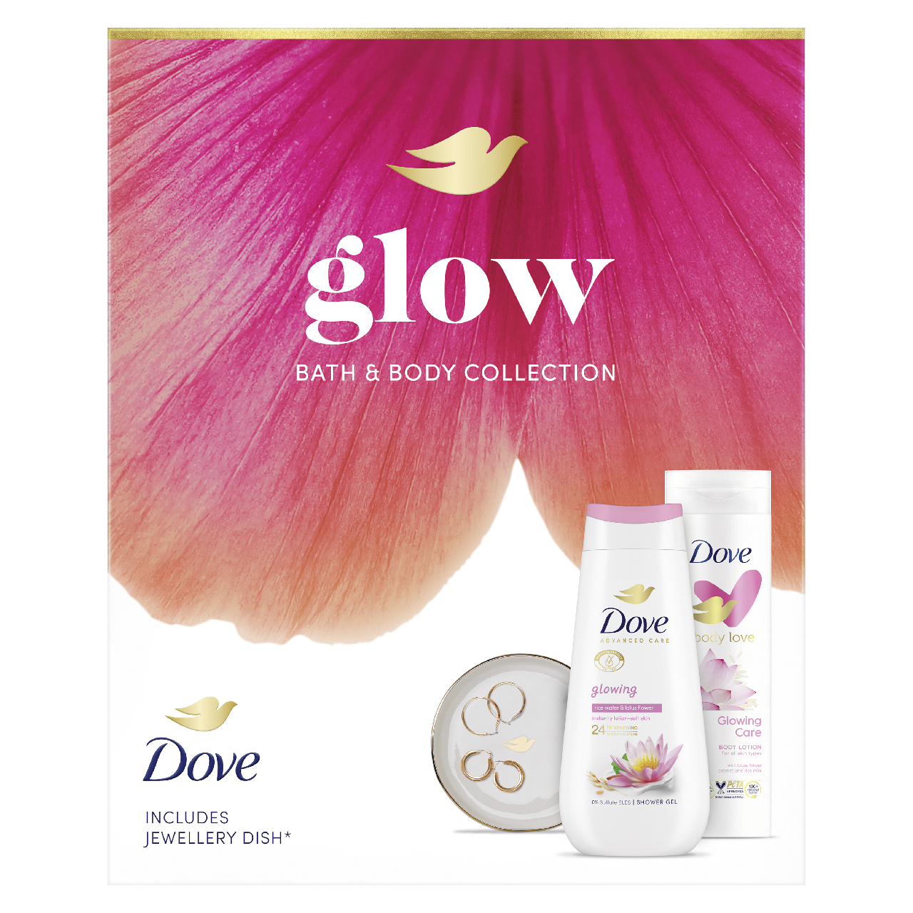 Dove Glowing dárková sada (SG 225 ml + tělové mléko 250 ml + miska na šperky)