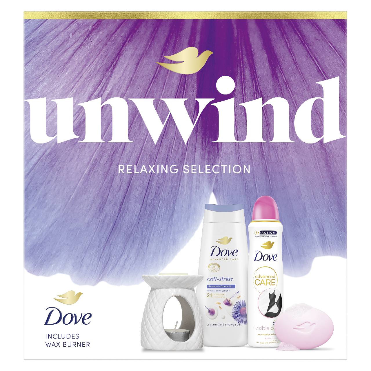 Dove Antistress Aroma dárková sada (deo 150 ml + 225 ml + mýdlo 90 g + aroma lampa)