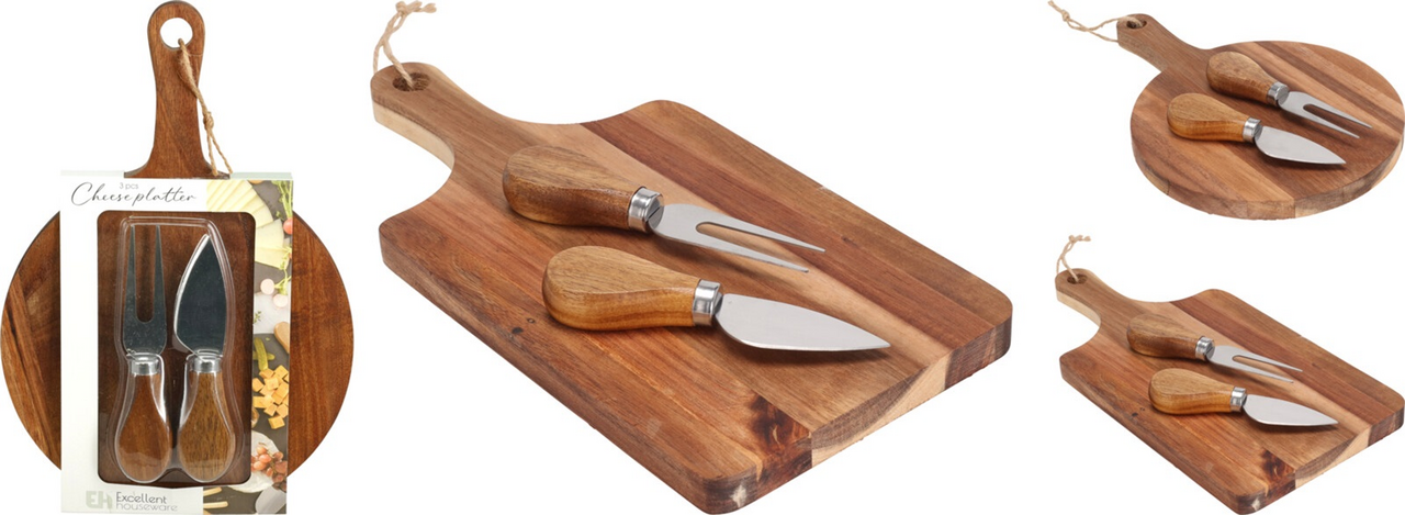 Prkénko, nůž a vidlička na sýr 1 ks