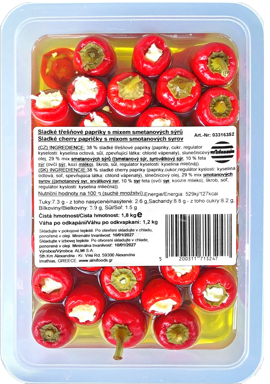 Papričky plněné sýrem (pevný podíl 1,5 kg) chlaz. 1,8 kg