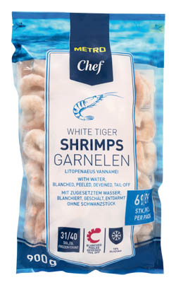 METRO Chef Krevety blanšírované bez hlavy pancíř je nakrojený bez střívka 31/40 mraž. 900 g