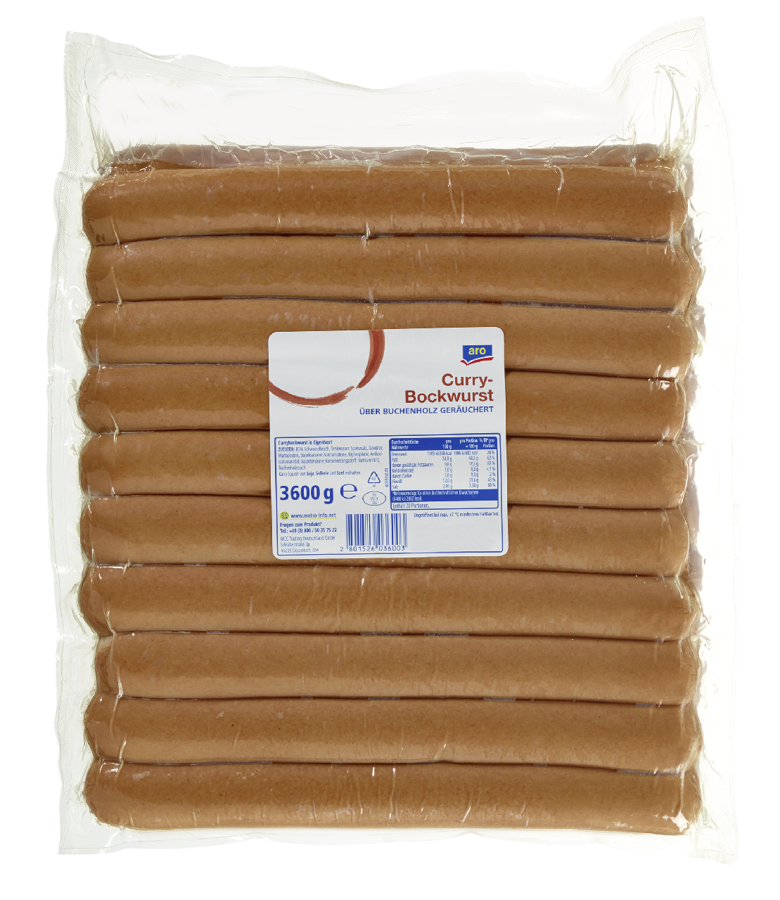 aro Curry Bockwurst, gekühlt, 20 Stück à ca. 180 g - ca. 3,6 kg Packung