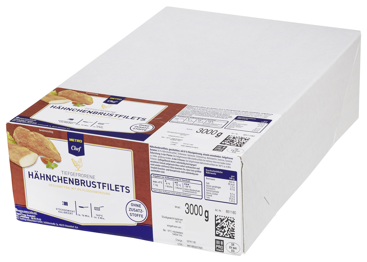 METRO Chef Hähnchenbrustfilet tiefgefroren, mit 8 % Flüssigwürzung, 21 Stück à ca. 140 g - 3 kg Karton