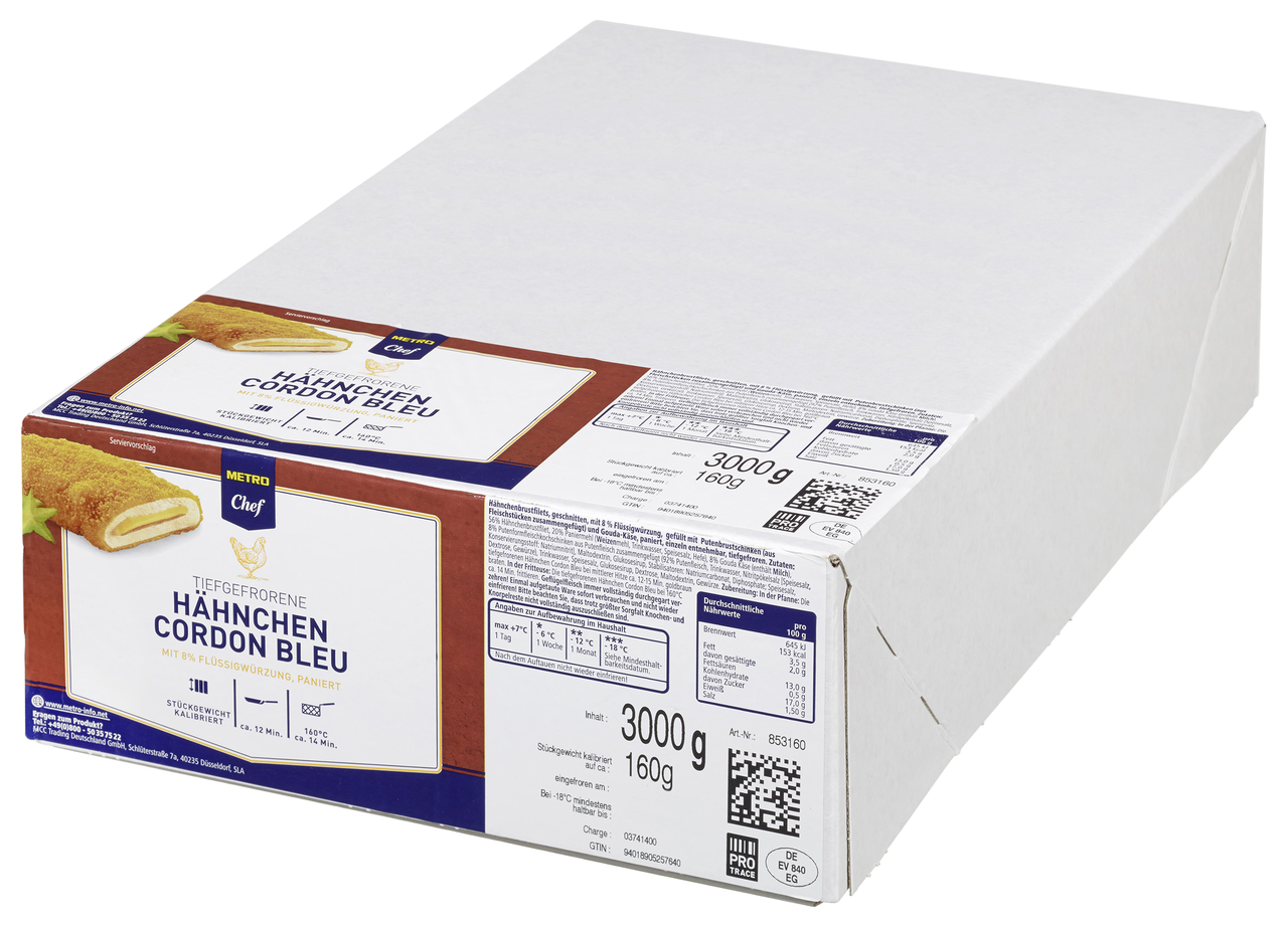 METRO Chef Hähnchen Cordon Bleu, tiefgefroren, gewürzt, paniert, gefüllt mit Putenbrustschinken & Gouda, ca. 160 g Stücke - 3 kg Karton