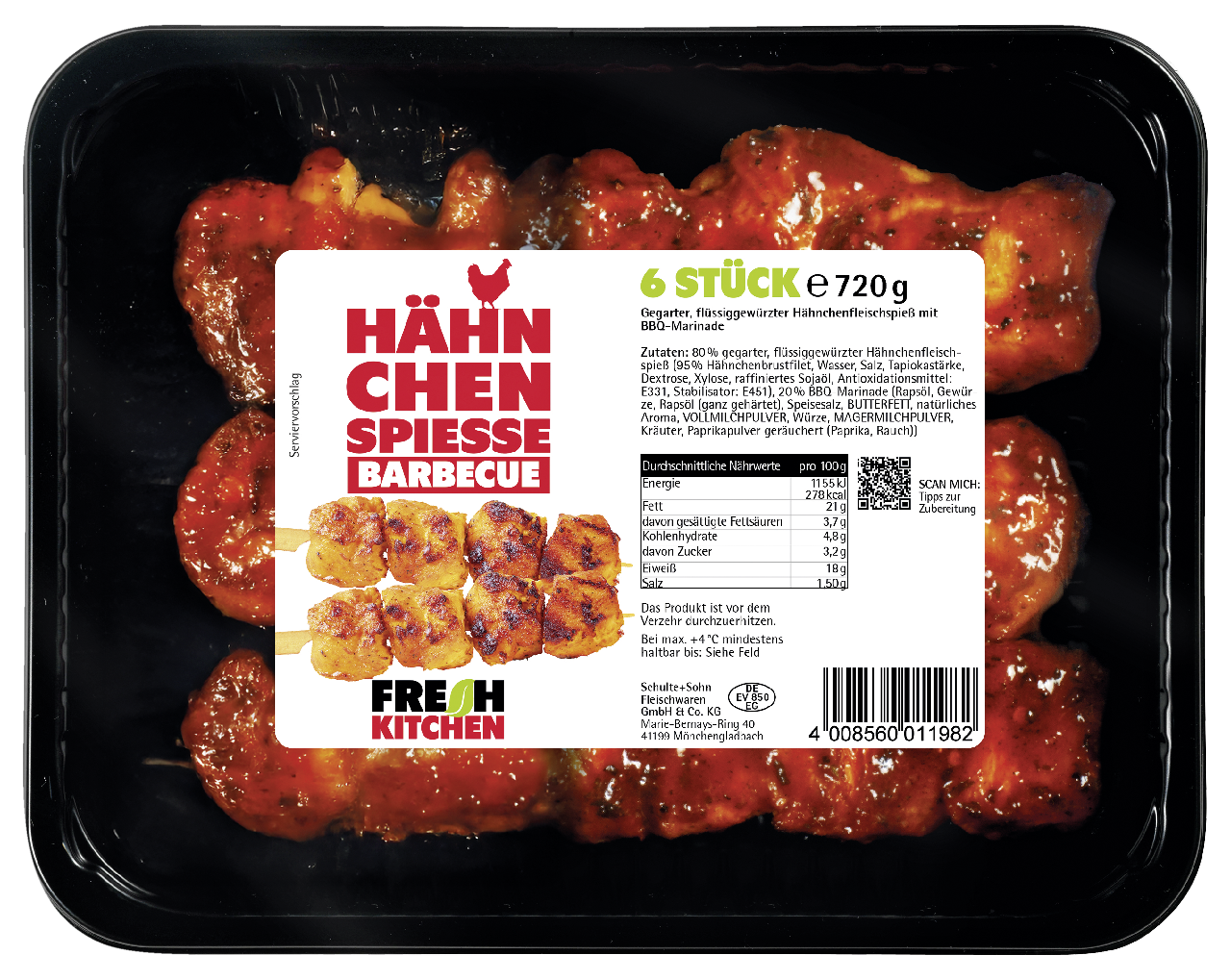 Hähnchen Spieße BBQ gegart 6 Stück à 120 g - 720 g Packung