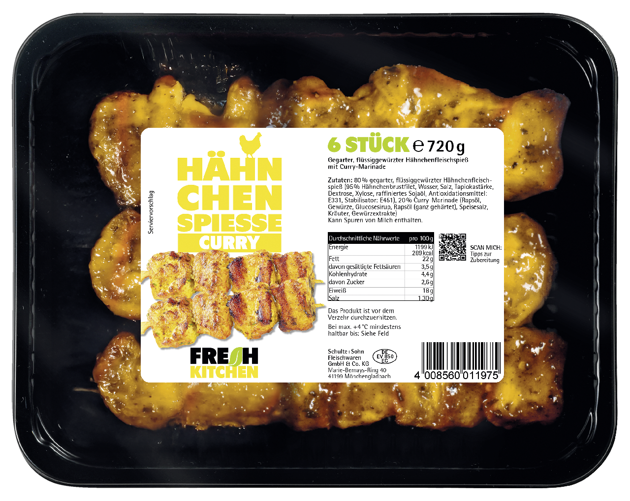 Hähnchen Spieße Curry gegart 6 Stück à 120 g - 720 g Packung