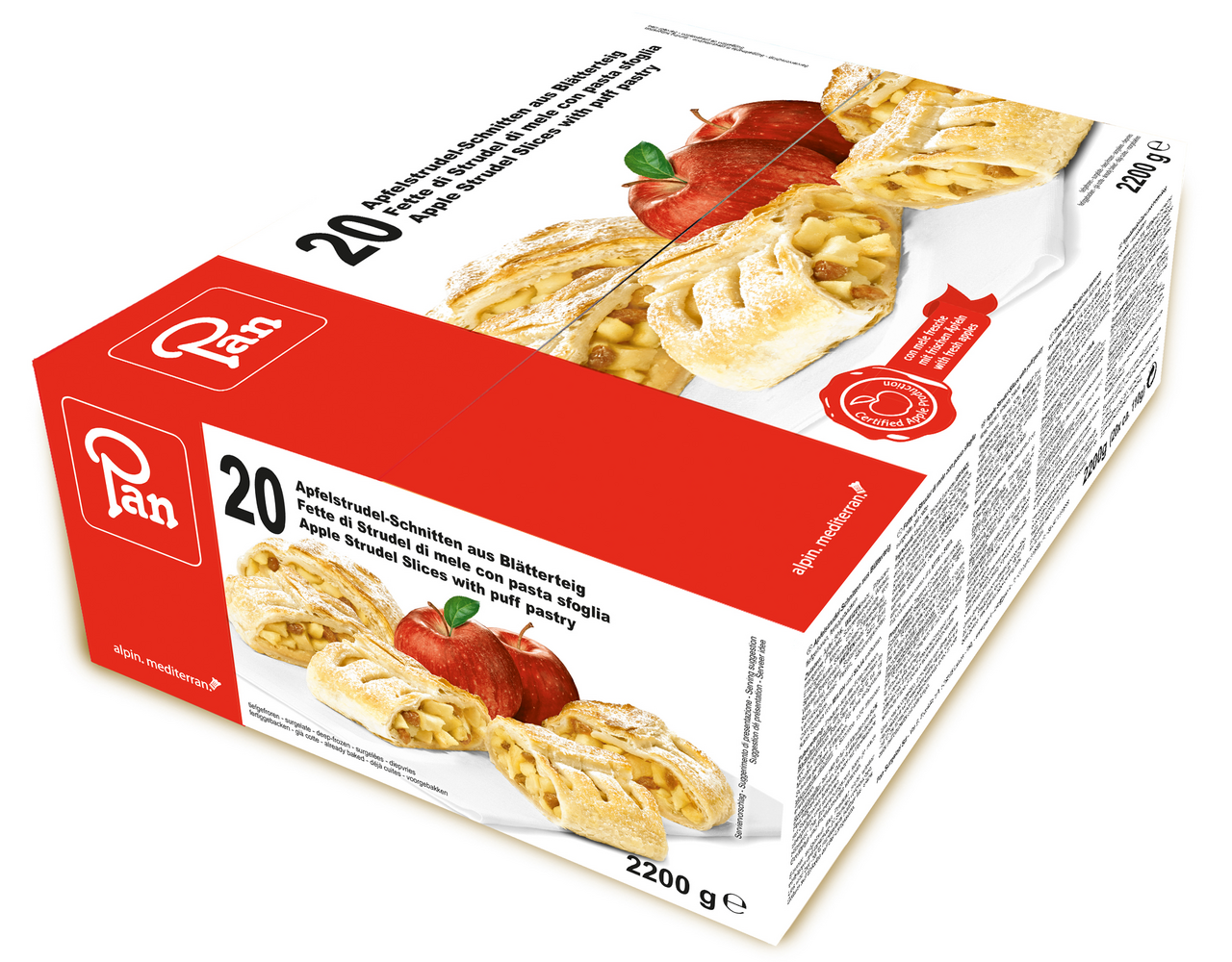 Pan Apfelstrudel Schnitten im Blätterteig, tiefgefroren, fertig gebacken 20 Stück à 110 g - 2,2 kg Packung