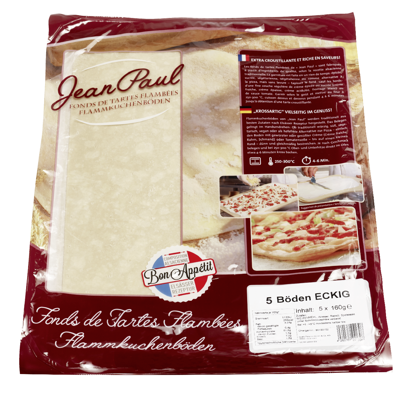 Jean Paul Flammkuchenböden gekühlt eckig 5 Stück à 160 g - 800 g Beutel