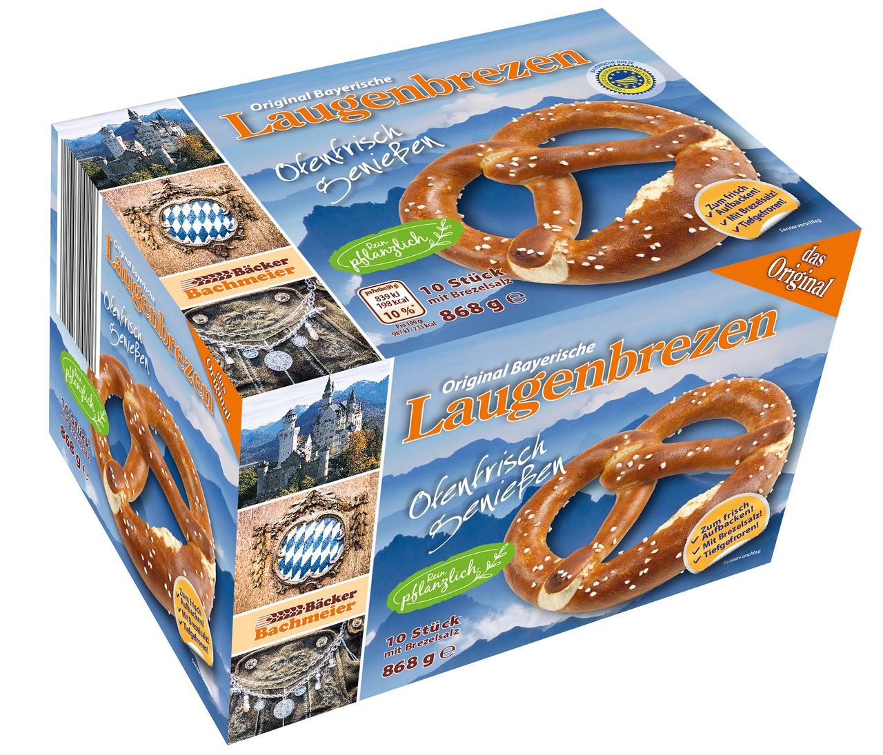 Bäcker Bachmeier Laugenbrezen Teiglinge, tiefgefroren 10 Stück à 85 g & 18 g Hagelsalz - 868 g Schachtel