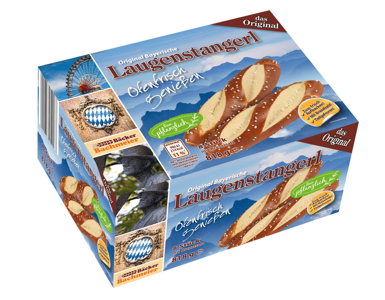 Bäcker Bachmeier Bayerische Laugenstangerl, tiefgefroren, 8 Stück à 100 g & 18 g Hagelsalz - 818 g Schachtel