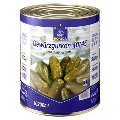 Horeca Select Gewürzgurken 40/45, tafelfertig mit Süßungsmitteln - 10,2 l Dose