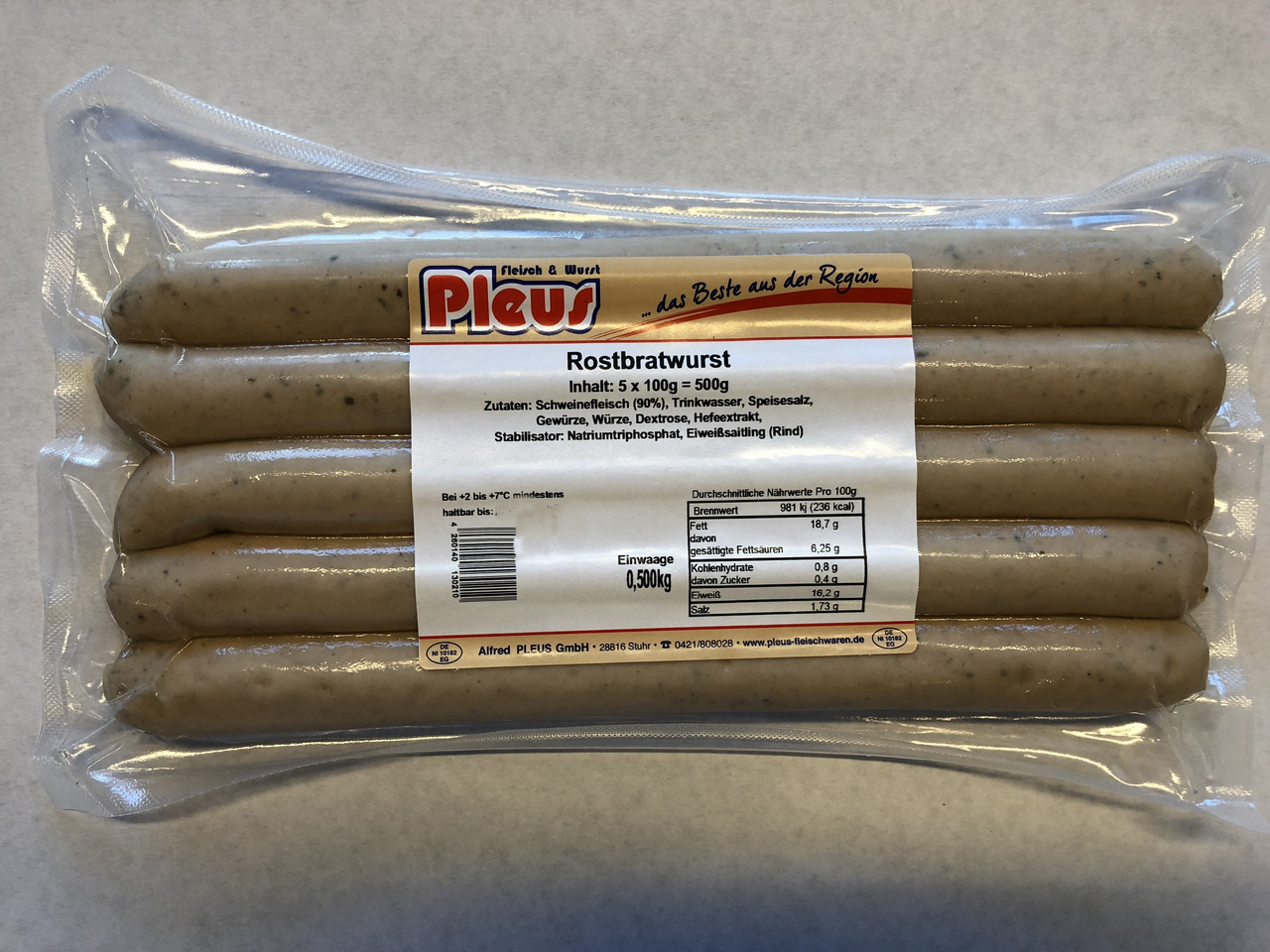 Pleus Rostbratwurst gekühlt aus Schweinefleisch vac.-verpackt 5 Stück à 100 g - 1 x 500 g Packung