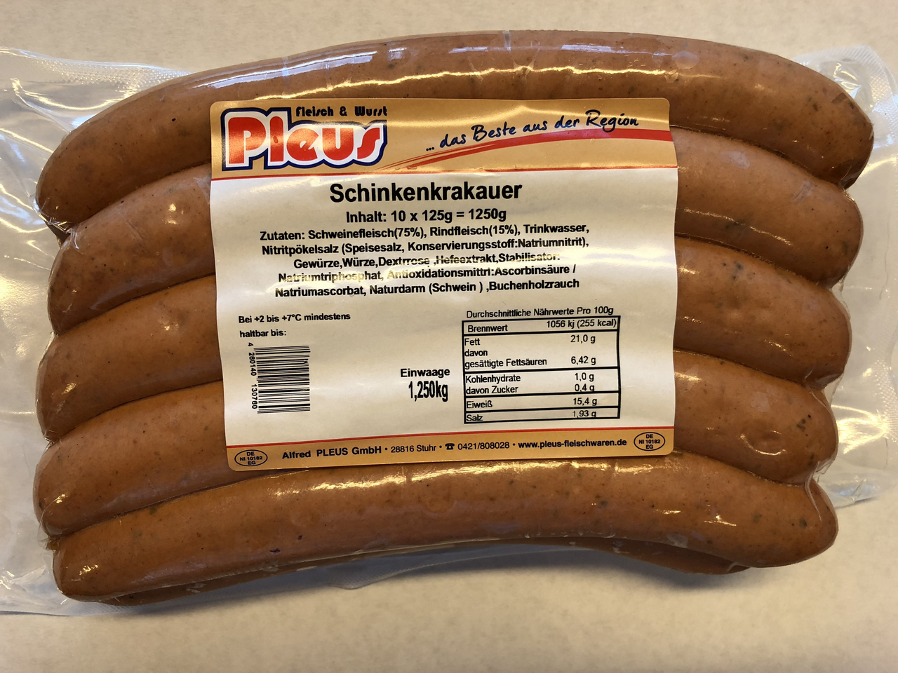 Pleus Schinken-Krakauer im Naturdarm 10 Stück à ca. 125 g - 1,25 kg Packung