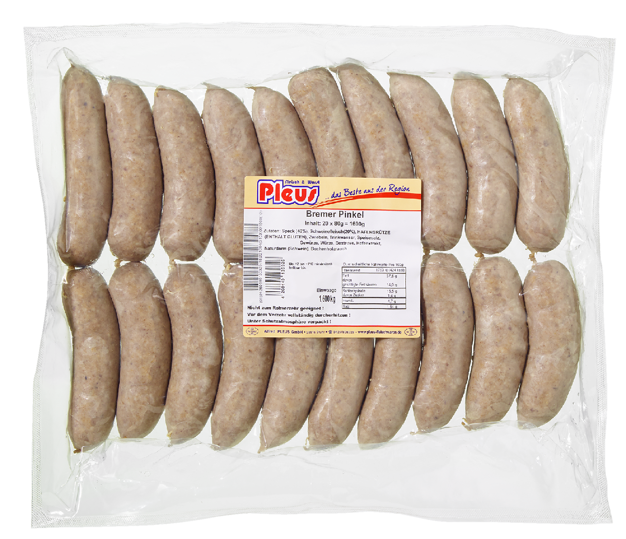 Pleus Bremer Pinkel Naturdarm Schwein 20 Stücke - 1 x 1,6 kg Packung