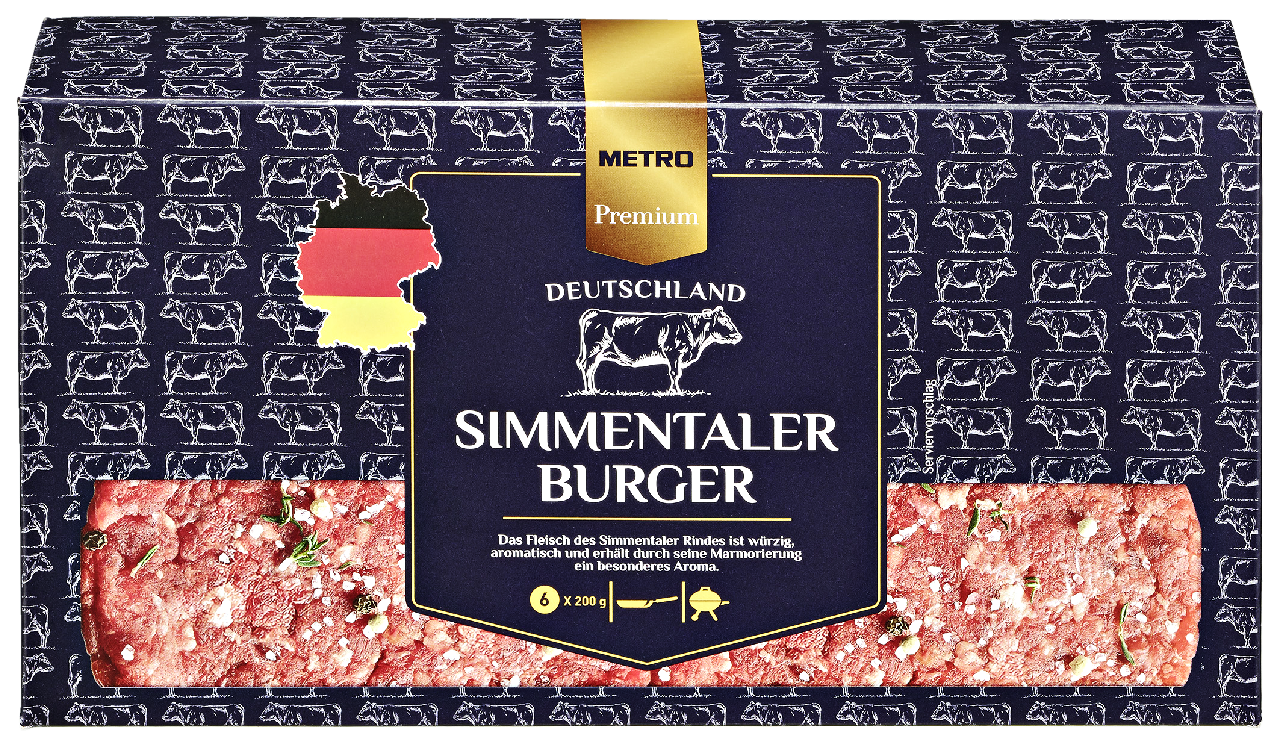 METRO Premium Simmentaler Burger tiefgefroren, roh, 6 Stück à 200 g, vak.-verpackt 1,2 kg Packung