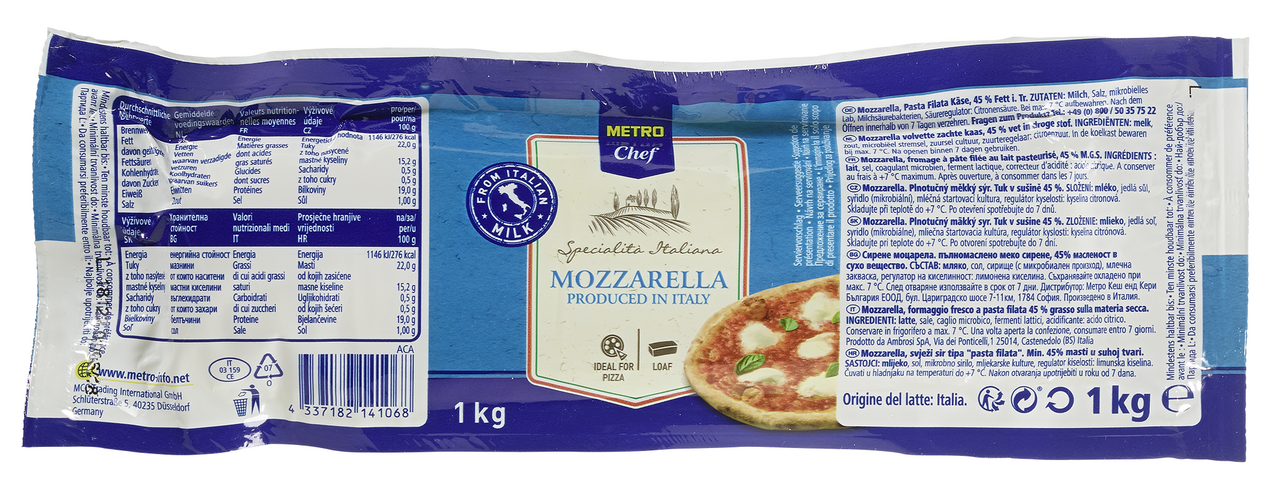 METRO Chef Mozzarella Fior di latte Filone 43 % Fett i.Tr. - 1 kg Stück