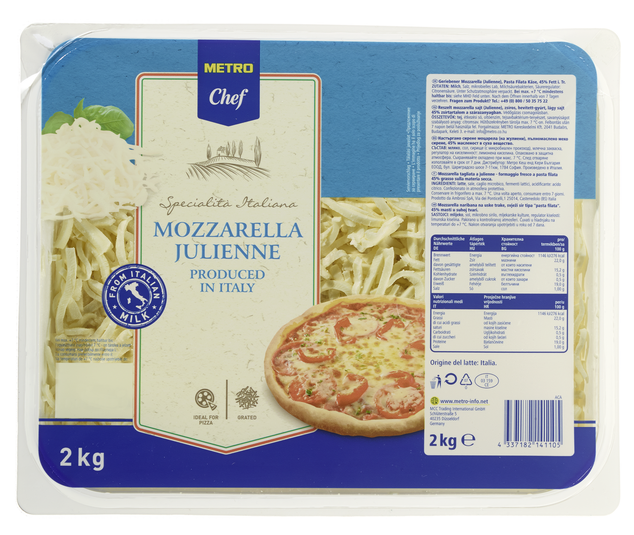 METRO Chef Mozzarella Julienne Fior di latte 43 % Fett i.Tr. - 2 kg Stück