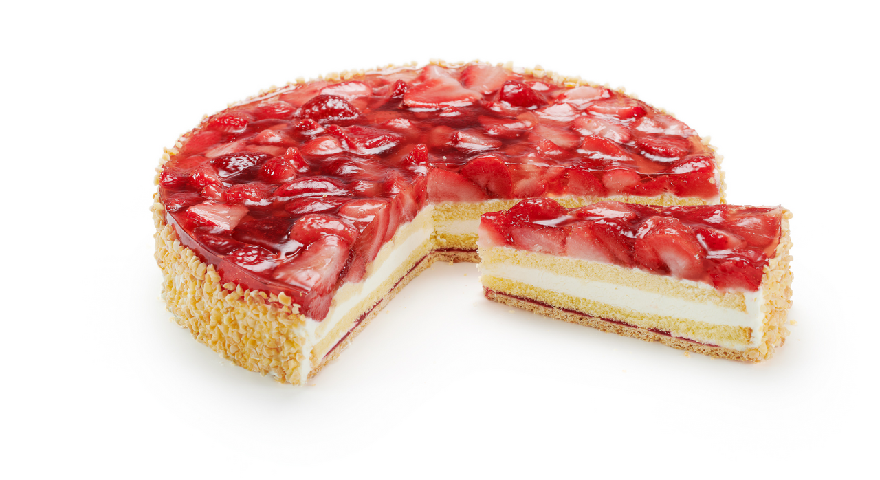 Pfalzgraf Erdbeerkuchen ca. 14 Stücke, à 28 cm, ungeschnitten, mit Buttermilchsahne & Mandeln tiefgefroren - 2,25 kg Schachtel