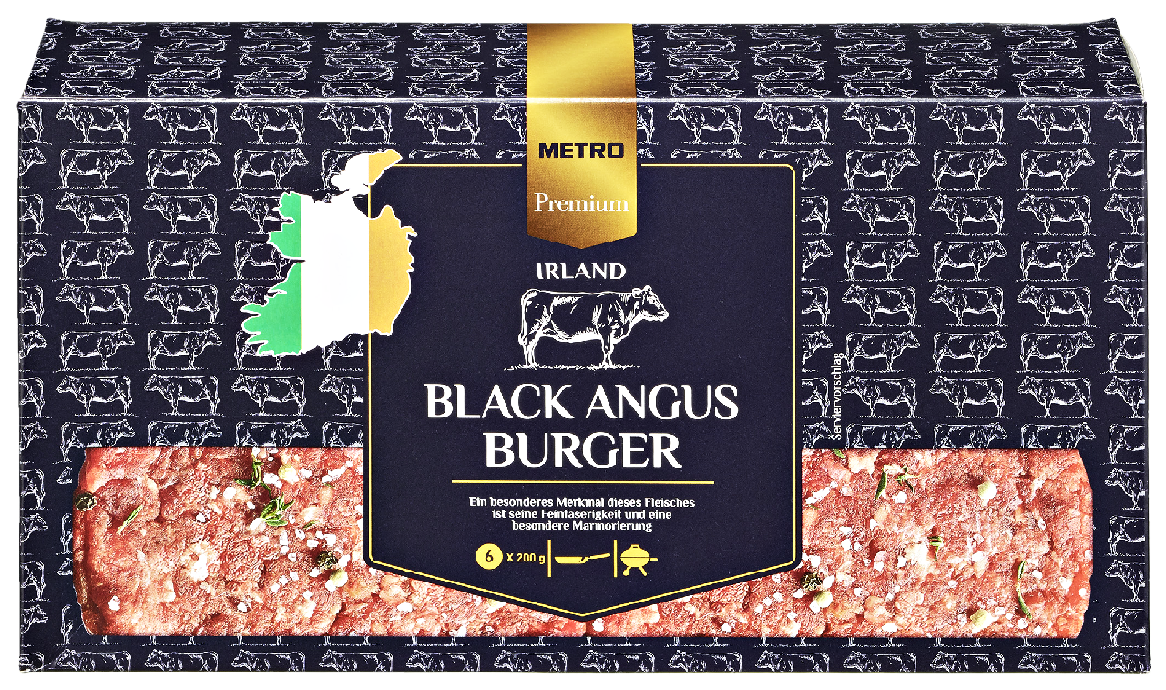 METRO Premium Black Angus Burger tiefgefroren, roh, 6 Stück à 200 g, vak.-verpackt 1,2 kg Packung