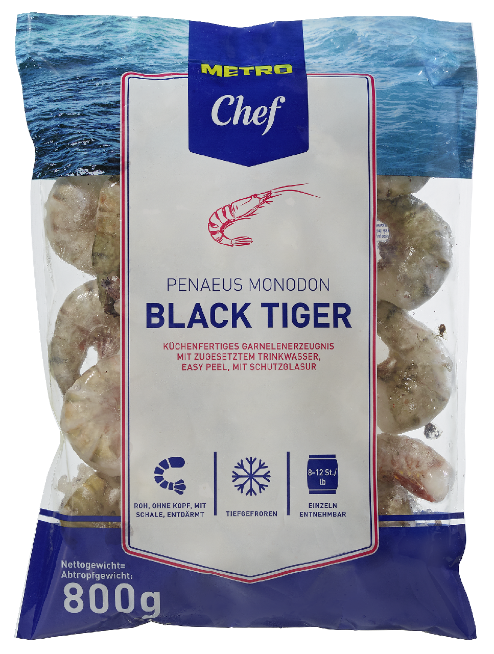 METRO Chef Black Tiger Garnelen tiefgefroren 8 -12 Stück easy peel - 800 g Beutel