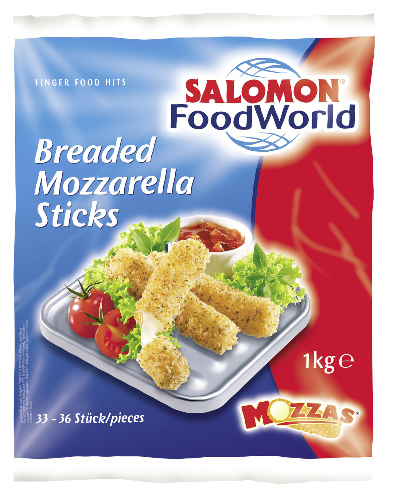 SALOMON FoodWorld Breaded Mozzarella Sticks tiefgefroren, ca. 33 - 38 Stück ,vorgebacken,vegetarisch, Mozzarella Stangen in würziger Knusperpanade 1 kg Beutel