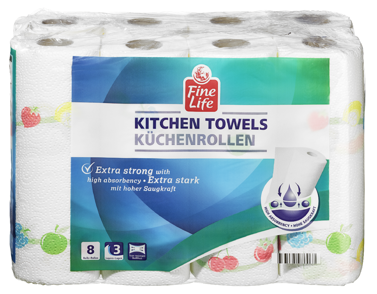 Fine Life Küchentuch bunt bedruckt 3 Lagen 8 Rollen à 51 Blatt - 1 Packung