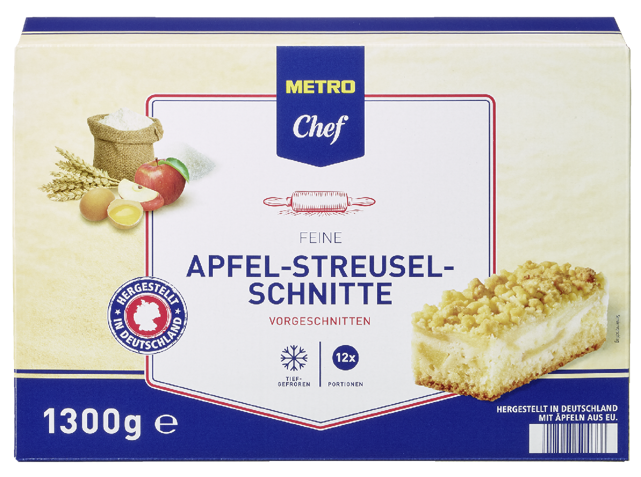 METRO Chef Apfel-Streusel Schnitte Blechkuchen tiefgefroren 12 Portionen - 1,3 kg Packung