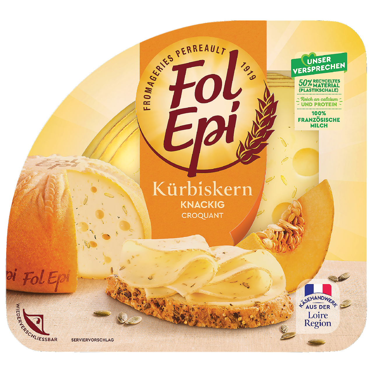 Fol Epi französischer Schnittkäse Kürbiskern knackig & frisch 49 % Fett 130 g Packung