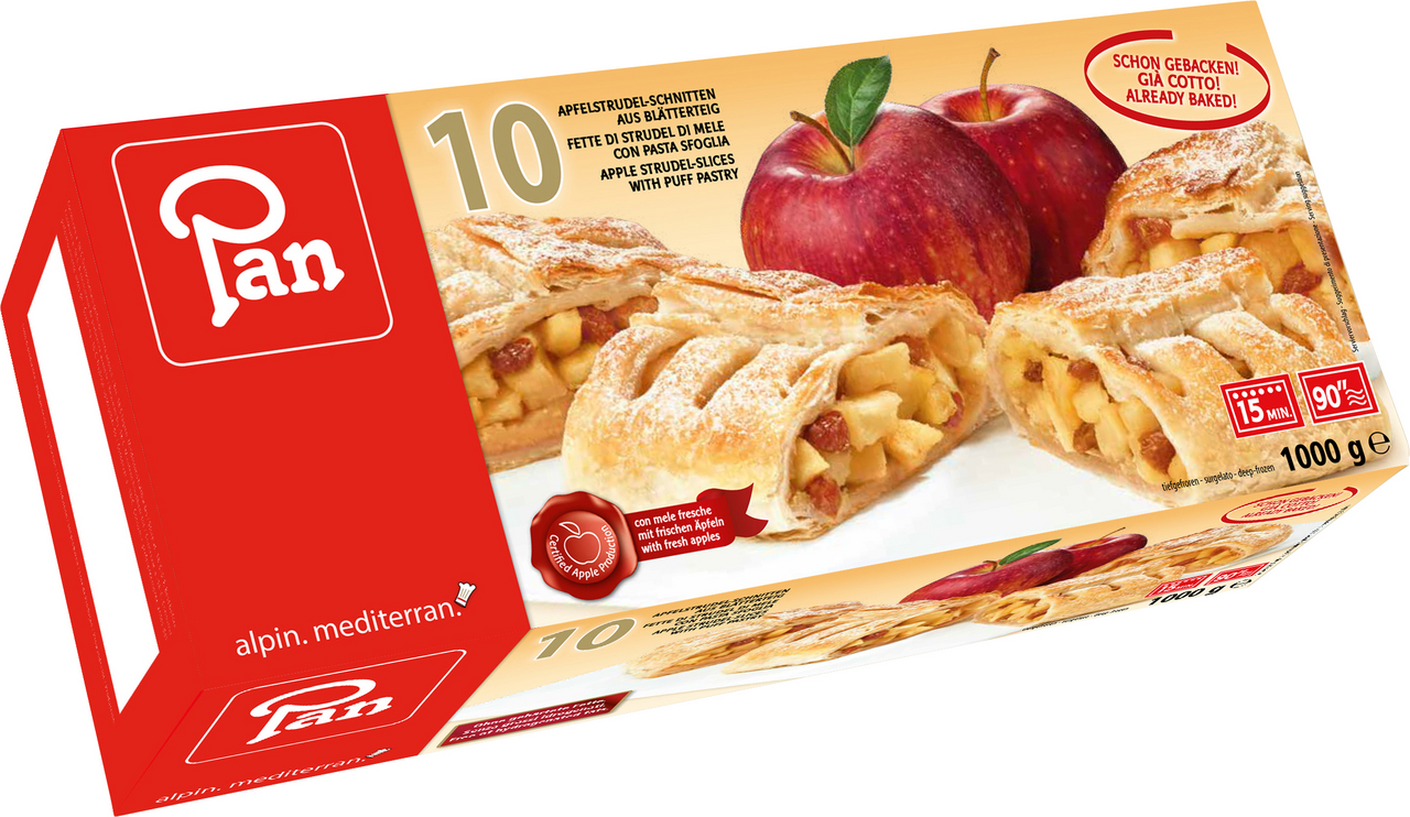 Pan Apfelstrudel Schnitten im Blätterteig tiefgefroren, fertig gebacken 10 Stück à 100 g - 1 kg Packung