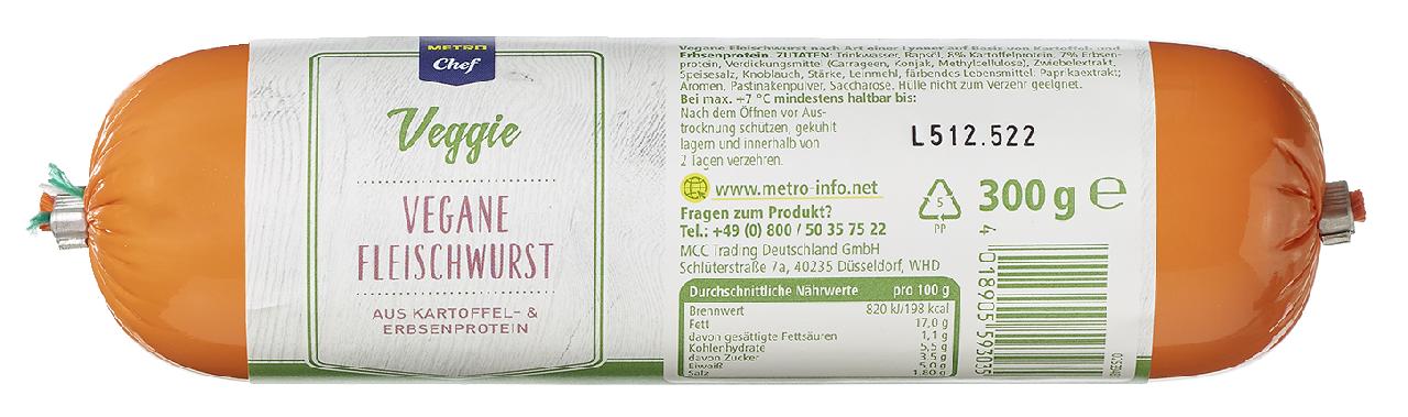 METRO Chef Vegane Fleischwurst - 300 g Packung