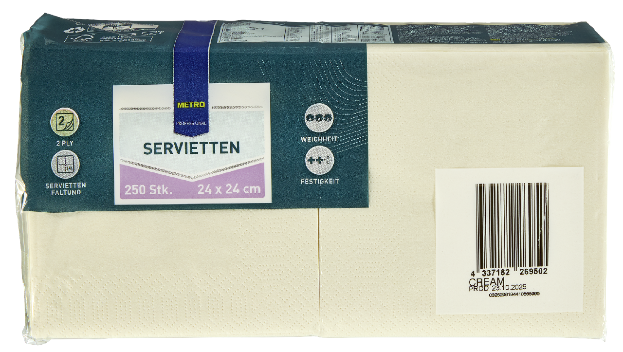 METRO PROFESSIONAL Servietten Cream 24 x 24 cm 1/4 Falz 2-lagig 250 Stück