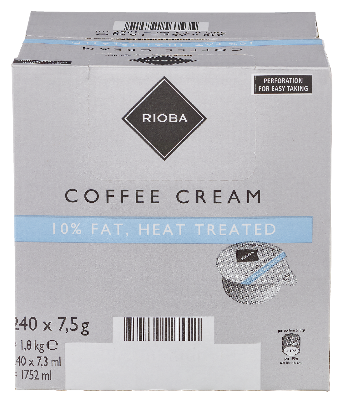 RIOBA Kaffeesahne 10 % Fett Einzelportionen 240 Stück à 7,5 g - 1,8 kg Karton