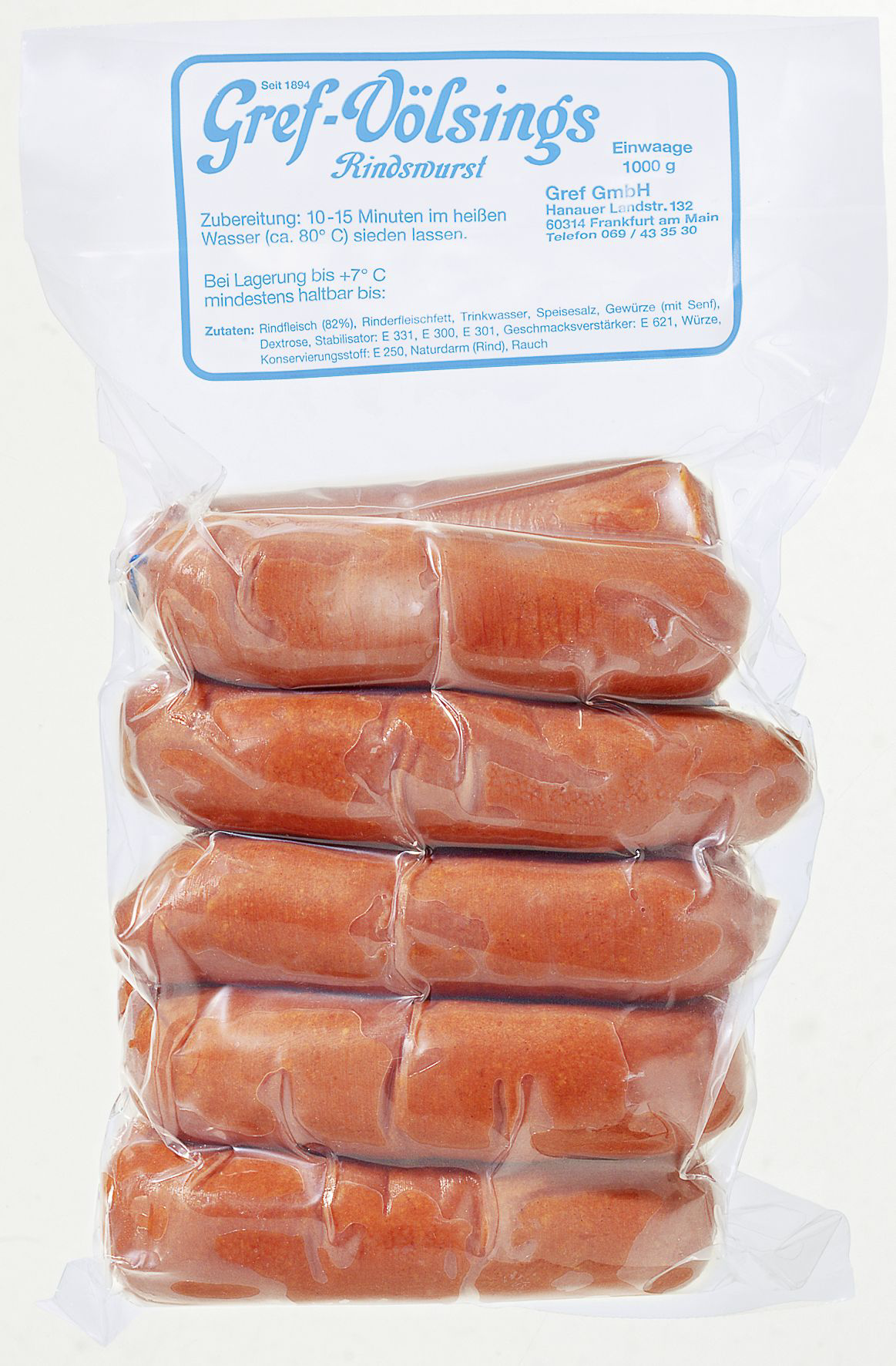Gref-Völsing Rindswurst gebrüht, 10 Stück à 125 g, vak.-verpackt - 1,25 kg Packung