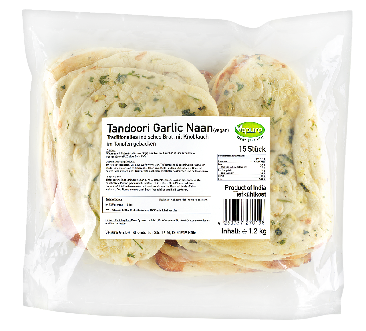 Vepura Vegan Tandoori Garlicnaa tiefgefroren 15 Stück à 80 g - 1,2 kg Beutel