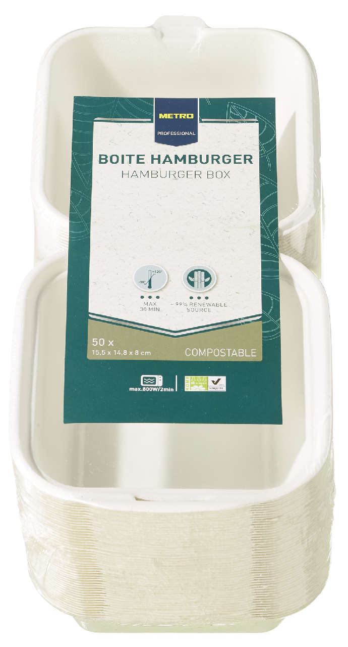 METRO PROFESSIONAL Hamburger Box Bagasse Creme Weiß eckig 15,5 x 14,8 x 8 cm 50 Stück