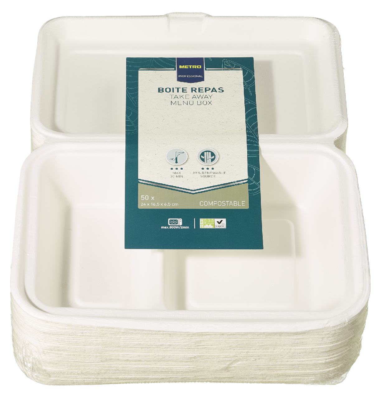 METRO PROFESSIONAL Menübox Bagasse Creme Weiß rechteckig, 2 geteilt - 50 Stück