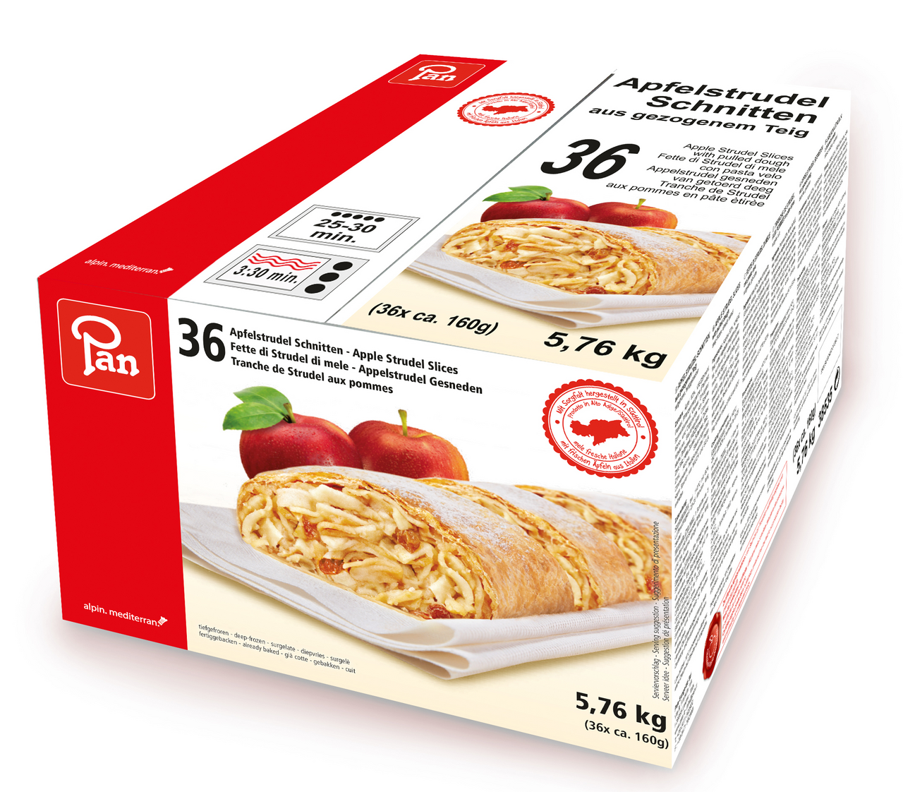 Pan Apfelstrudel Schnitten im gezogenen Teig, tiefgefroren, fertig gebacken, 36 Stück à 160 g - 5,76 kg Packung