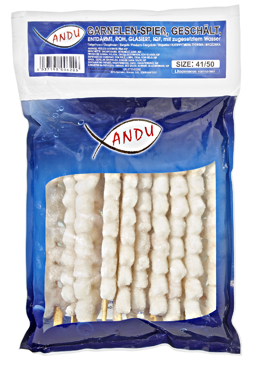 Anduronda Garnelen-Spieße Vannamei tiefgefroren 41/50, 10 Spieße - 1 kg Beutel