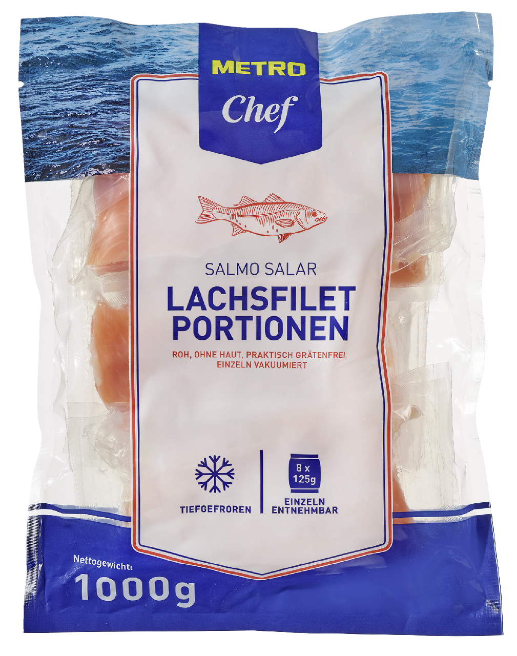METRO Chef Lachsfilet-Portionen tiefgefroren, vakuumiert, 8 Stück à ca. 125 g - 1 kg Vac.Packung