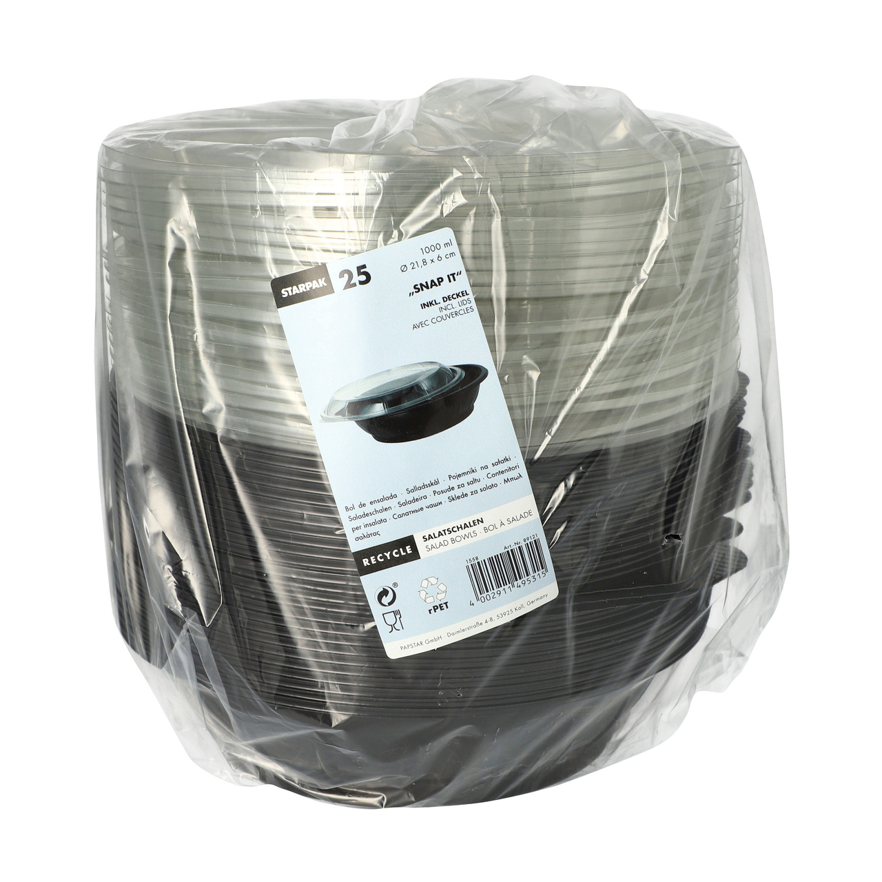 PAPSTAR Salatschalen 'Snap It', PET 1 l, Ø 21,8 cm x 6 cm Schwarz mit Deckel PET glasklar - 25 Stück Packung