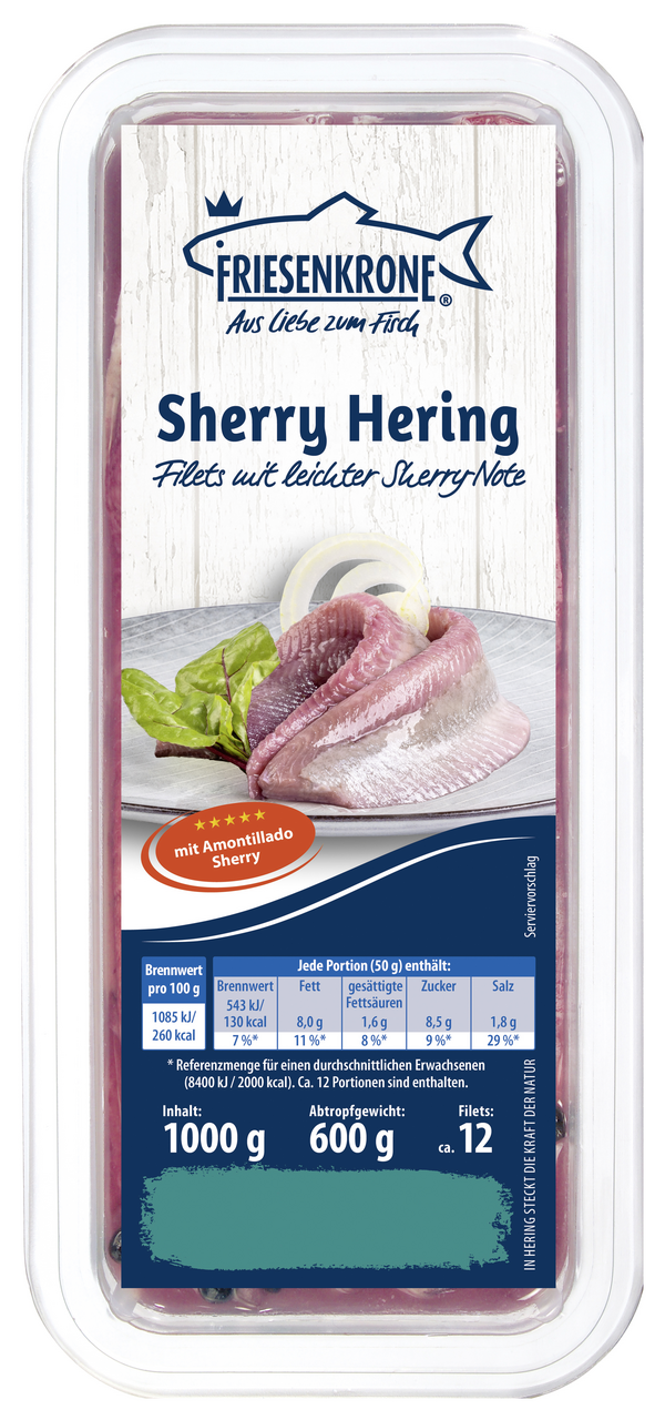 Friesenkrone Dänische Heringsfilets mit Sherry-Note Abtropfgewicht 600 g - 1 kg Schachtel