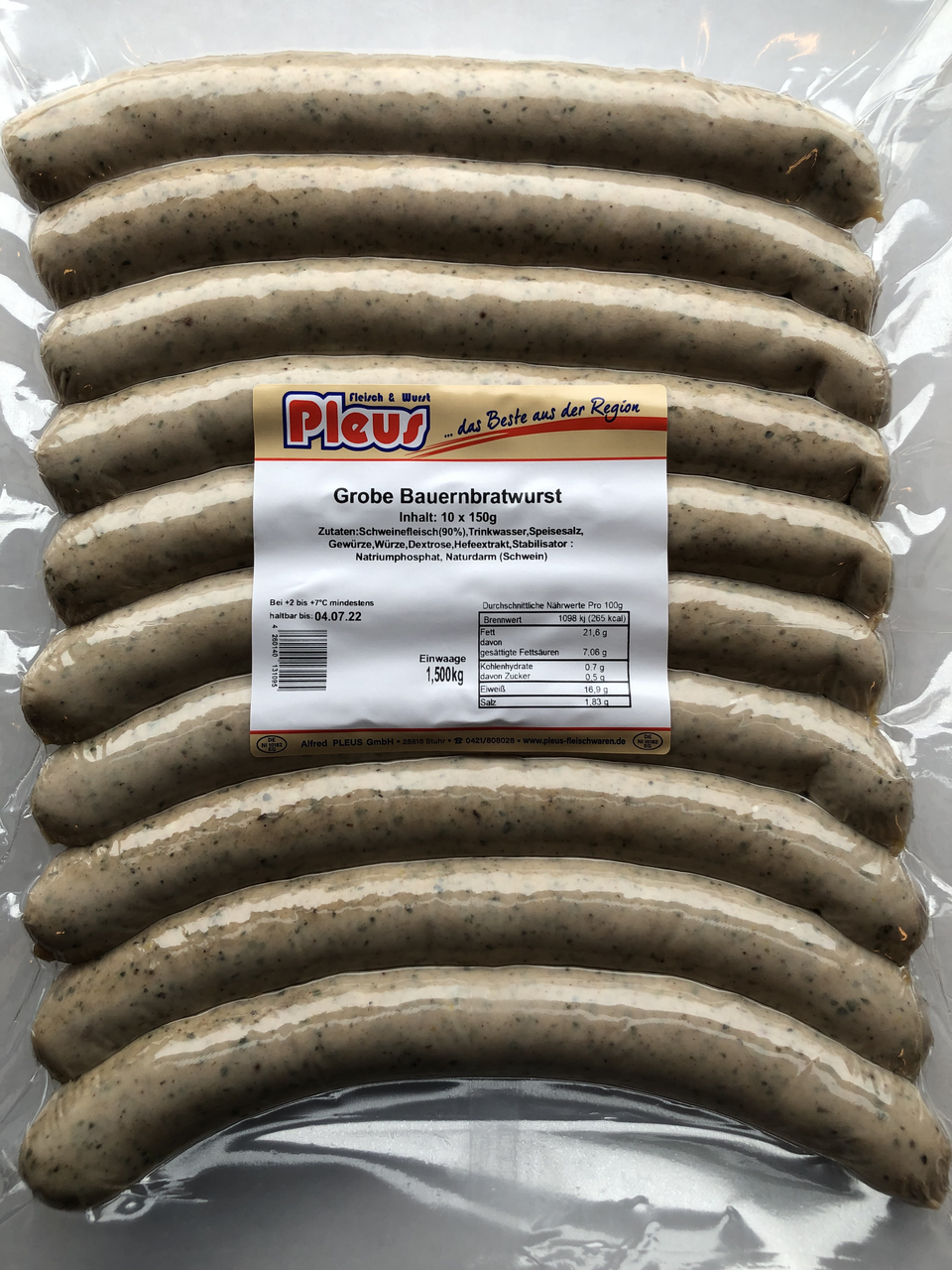 Pleus Grobe Bauernbratwurst 10 Stück à 150 g - 1,5 kg Packung