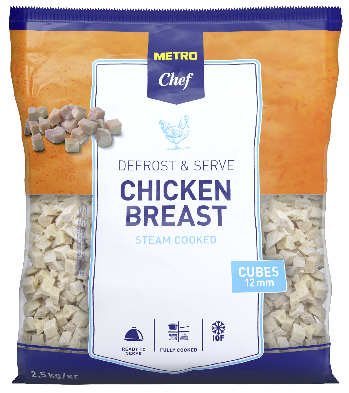 METRO Chef Hähnchenbrust Würfel 12 mm, tiefgefroren, gewürzt, gekocht, IQF, Halal - 2,5 kg Beutel