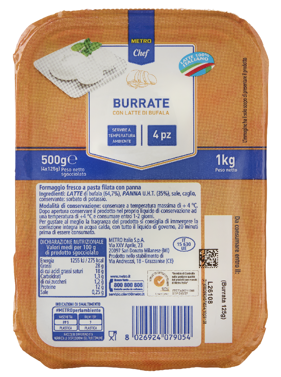 METRO Chef Burrata Bufalo 52 % Fett i. Tr. ATG 500 g 4 Stück à 125 g - 1 kg Packung